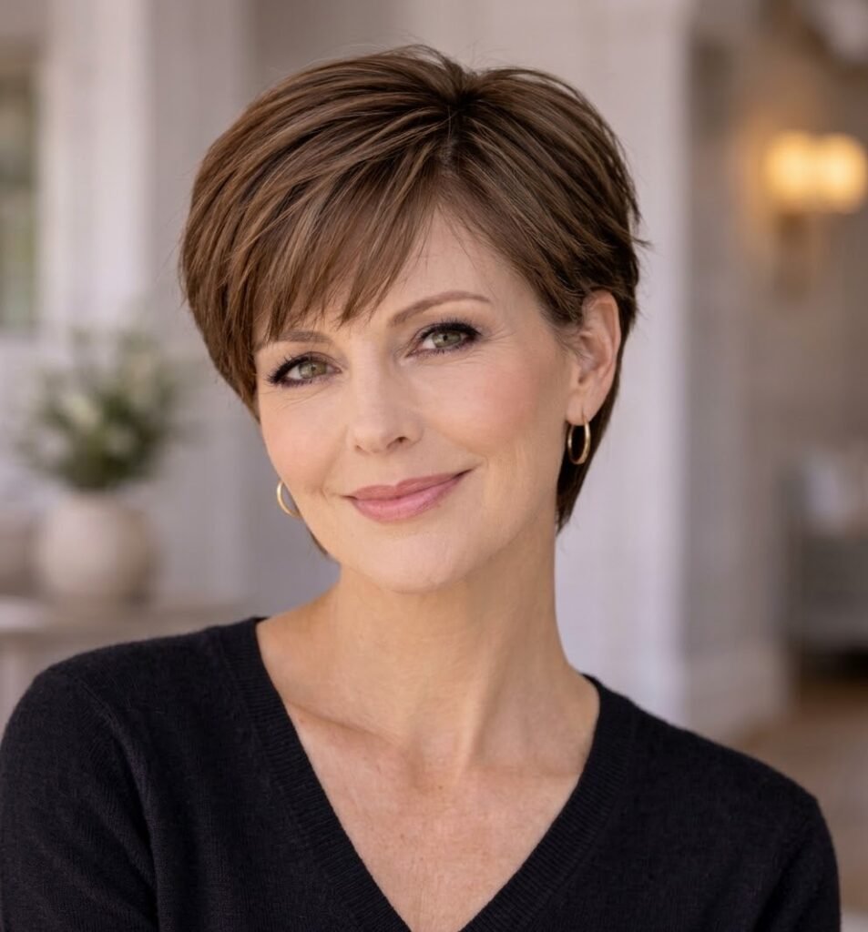 Dojrzała kobieta po pięćdziesiątce z krótką fryzurą typu pixie cut w jasnobrązowym kolorze, pokazana w ujęciu do popiersia na tle jasnego wnętrza.