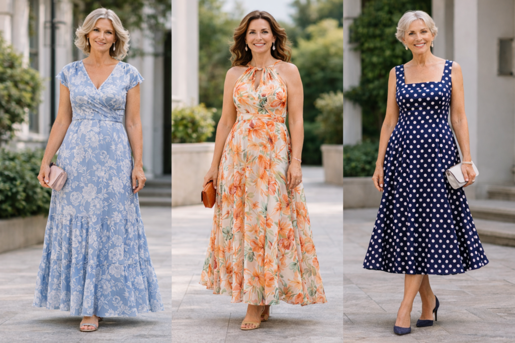Trzy kobiety po 50 w sukienkach w kwiaty – niebieska sukienka maxi z delikatnym wzorem, zwiewna sukienka w kwiaty w odcieniach pomarańczu oraz granatowa sukienka midi w groszki podkreślająca sylwetkę.
