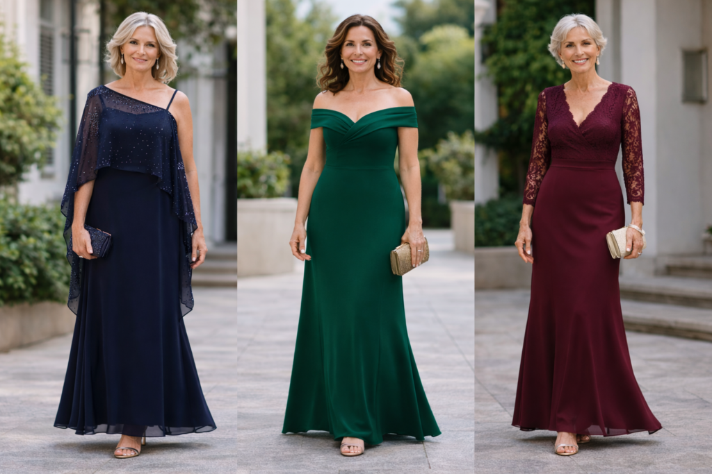 Trzy kobiety po 50 w eleganckich sukienkach na ślub cywilny – granatowa sukienka maxi z lekką narzutką, zielona sukienka z odkrytymi ramionami oraz burgundowa sukienka z koronkową górą i dopasowanym krojem.