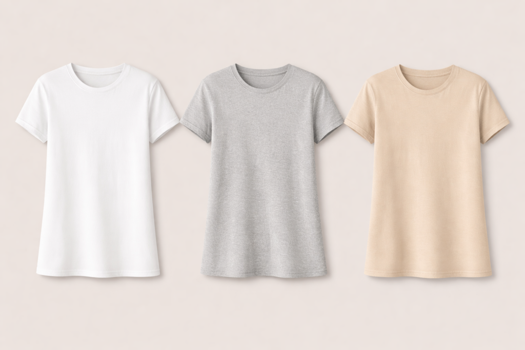 Trzy klasyczne damskie t-shirty obok siebie w kolorach białym, szarym i beżowym, z krótkim rękawem i niewielkim dekoltem, wykonane z wysokiej jakości materiału.