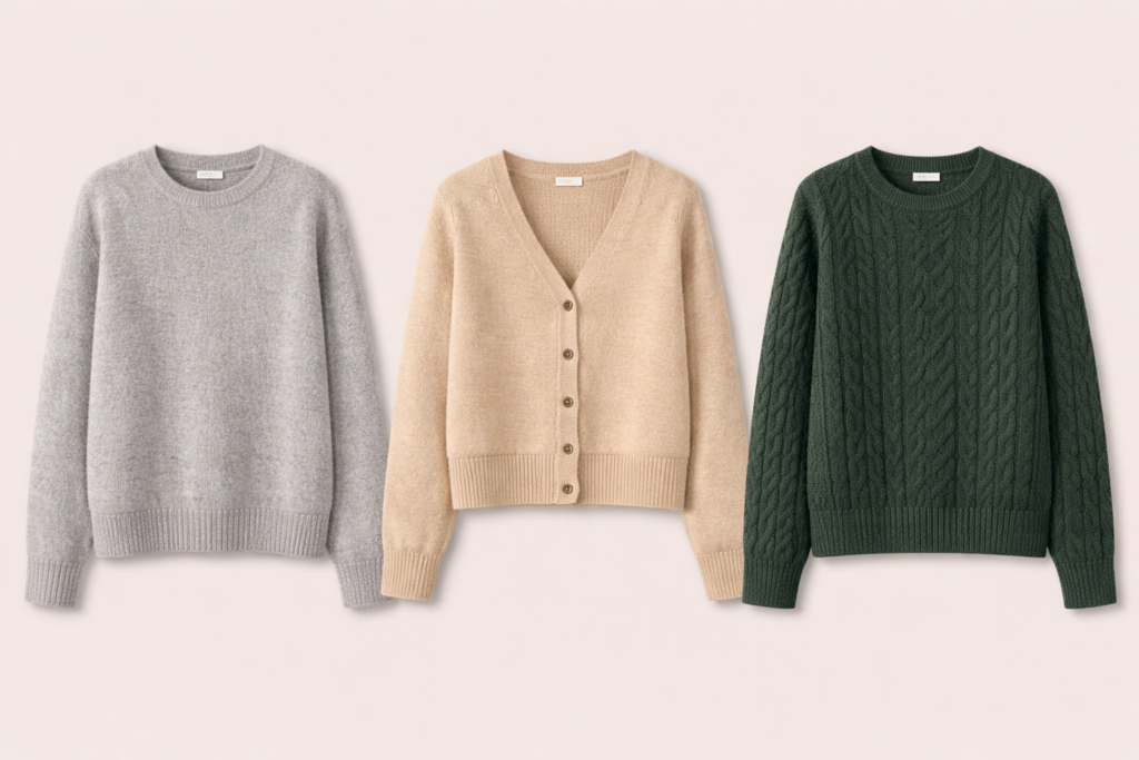Trzy damskie swetry obok siebie: szary crewneck o puszystej fakturze, beżowy krótki kardigan zapinany na guziki oraz ciemnozielony sweter typu crewneck z wyraźnym splotem cable knit.