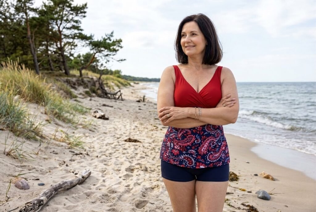 Portret dojrzałej kobiety w czerwonym stroju kąpielowym z marszczeniami i wzorem paisley, stojącej ze skrzyżowanymi ramionami na piaszczystej plaży, z wydmami i lasem sosnowym w tle przy zachodzie słońca