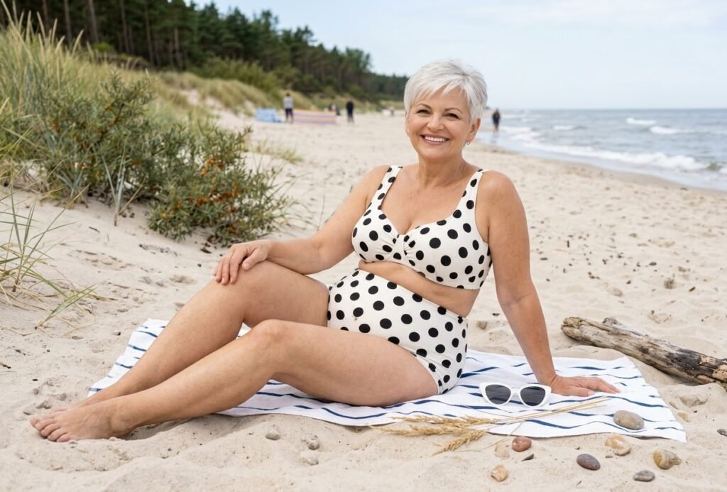 Dojrzała kobieta z krótkimi siwymi włosami siedzi na plaży i uśmiecha się. Ma na sobie biały, dwuczęściowy strój kąpielowy w czarne kropki z wysokim stanem i bardziej zabudowanym topem. W tle widoczne jest spokojne morze i jasne niebo.