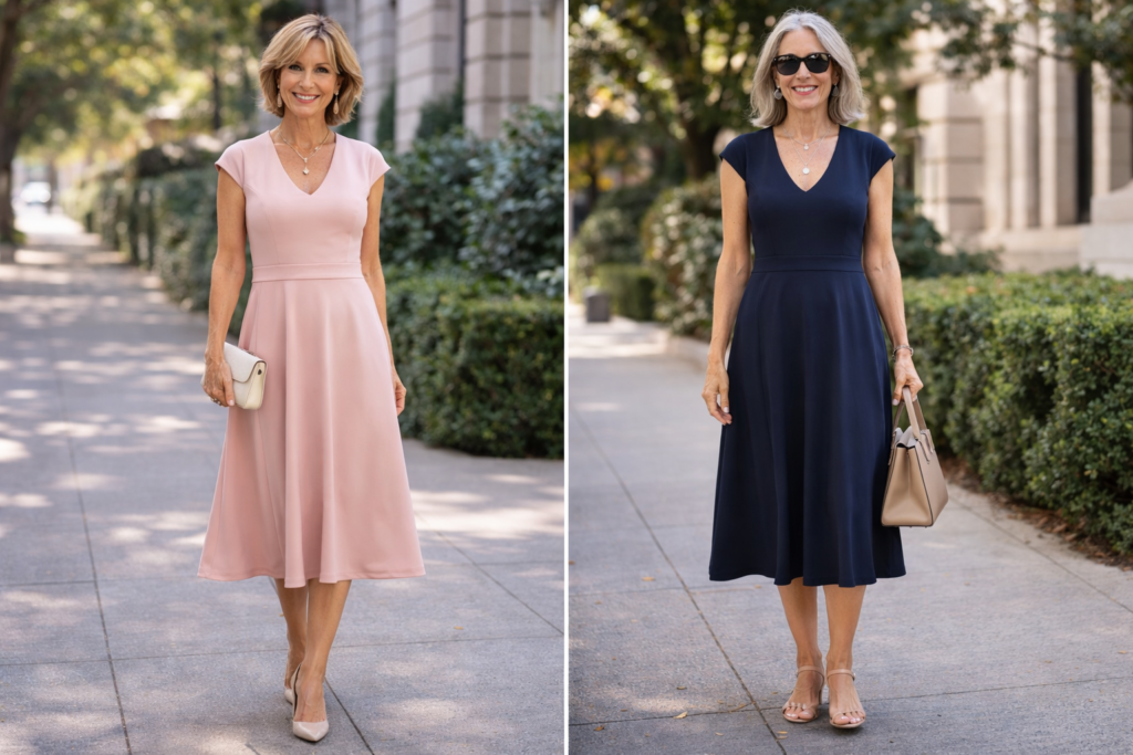 Dwie kobiety w sukienkach midi z minimalistycznymi dodatkami – elegancka stylizacja w pudrowym różu i klasyczna granatowa sukienka.