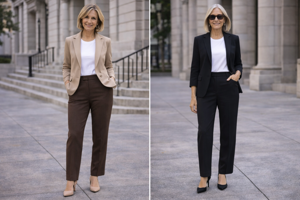 Żakiet, t-shirt i eleganckie spodnie – stylizacja smart casual dla dojrzałych kobiet w dwóch wariantach.